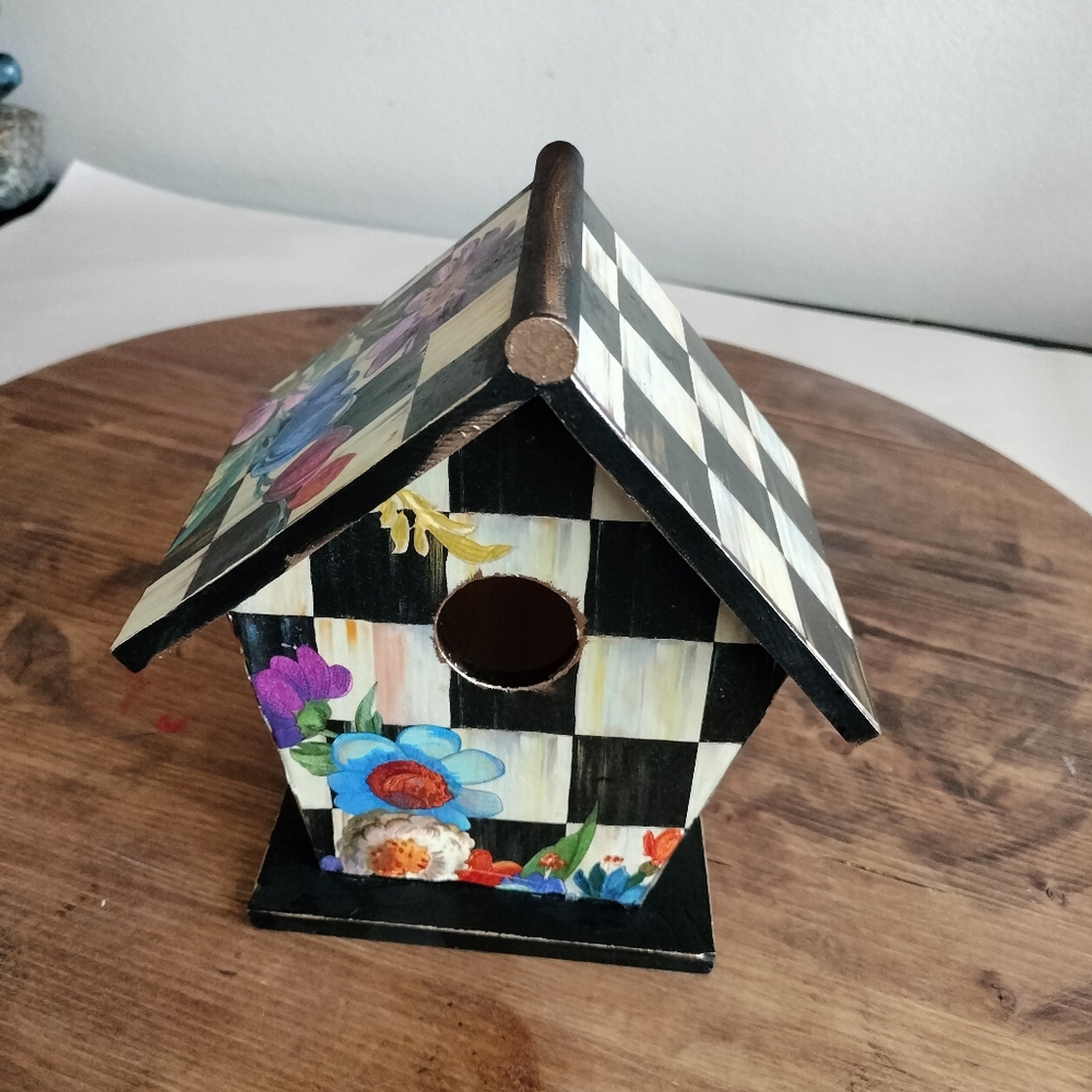 Wooden whimsical birdhouse black and white checks floral handmade by me …